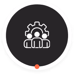 Icon of three people in front of a gear symbol on a dark circular background with a white and black border and a small red dot at the bottom.