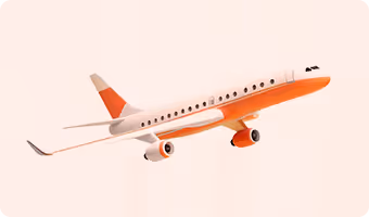 Orange and white private jet flying against a pale background in a side view.