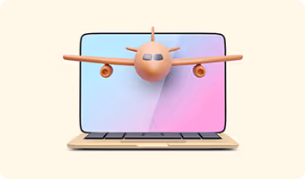 3D illustration of a beige corporate jet emerging from a laptop screen with a gradient background.