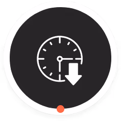 White clock icon with a downward arrow on its lower right side inside a dark circle with a white border, indicating reduced travel time.
