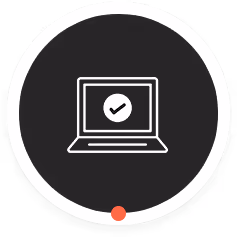 White line icon of a laptop with a checkmark on the screen inside a dark circle with a white border.