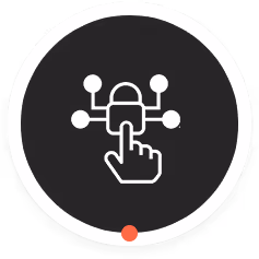 White hand cursor pressing a central button connected to four nodes on a black circular background with a white border.