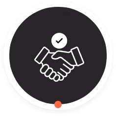 White handshake icon inside a white circle on a black background with a checkmark above the hands.