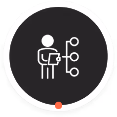 Icon of a person holding a tablet or clipboard standing next to a connected vertical line with three nodes on a dark circular background.