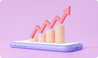 Stacked coins on a smartphone with a rising red arrow graph showing financial growth against a light purple background.
