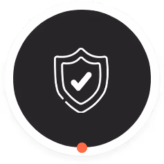 White shield icon with a check mark inside, centered on a dark gray circular background with a white border and a small red dot on the bottom edge.