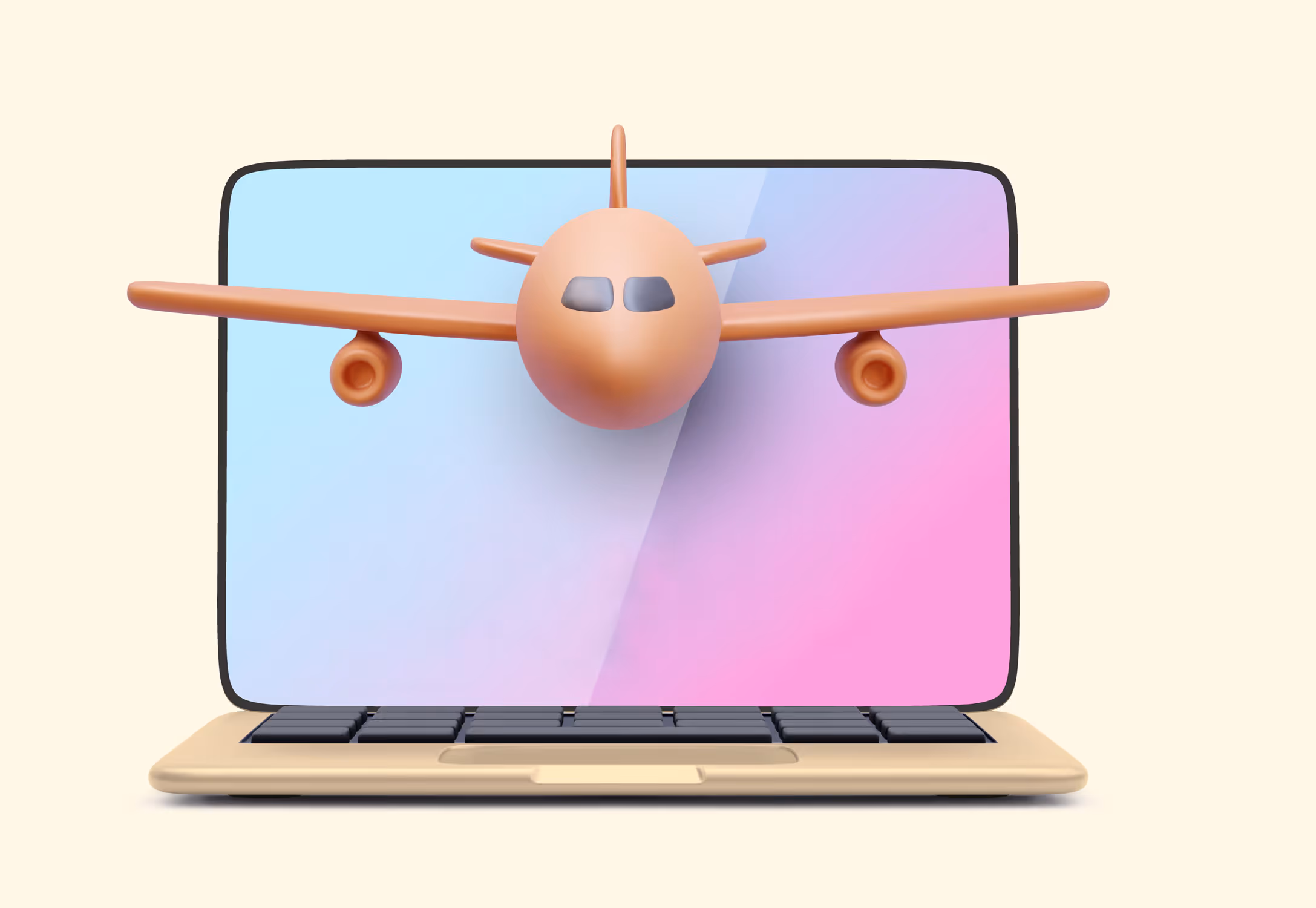 3D illustration of an airplane emerging from a laptop screen with a gradient pink and blue background.