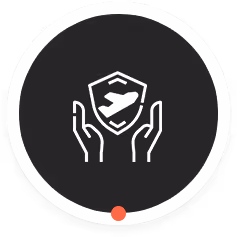 Icon of two hands holding a shield with an airplane, symbolizing secure travel environment.