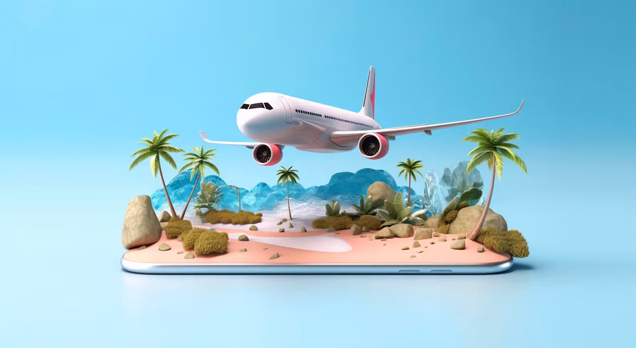 3D illustration of a white airplane flying over a tropical island with palm trees, rocks, and sand emerging from a smartphone on a blue background.