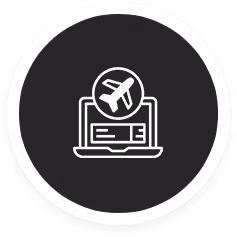 Icon of a laptop with an airplane symbol inside a circle above the keyboard, representing air travel or flight booking online.