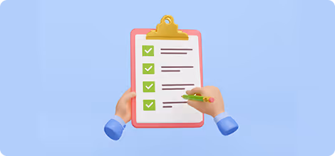 3D illustration of hands holding a clipboard with a checklist of five items, four checked with green check marks, and one being marked with a green pencil, against a light blue background.