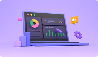 3D illustration of a laptop showing a sales dashboard with colorful charts, bars, and a gear icon on a purple background.