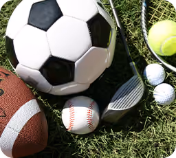 A collection of sports equipment on grass including a soccer ball, American football, baseball, golf club, golf balls, and a tennis ball.