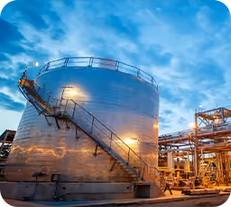 Large industrial storage tank illuminated with yellow lights against a cloudy blue sky during twilight at an industrial facility.