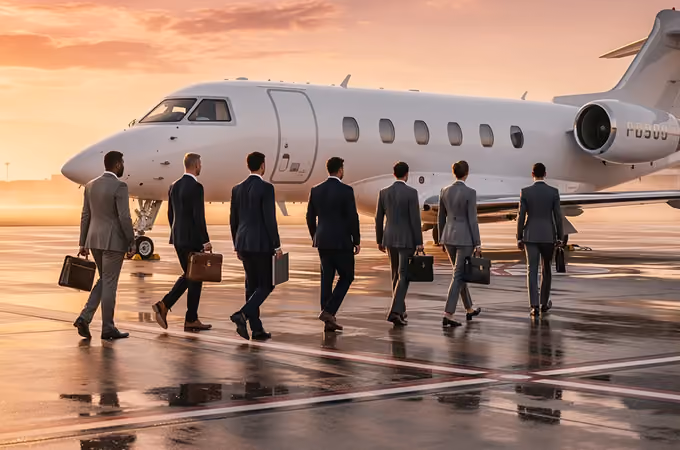 Seven businesspeople with briefcases walking on wet tarmac toward a private jet at sunset.