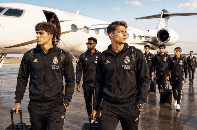 Real Madrid soccer players in black tracksuits walking with luggage by a private jet on an airport tarmac.