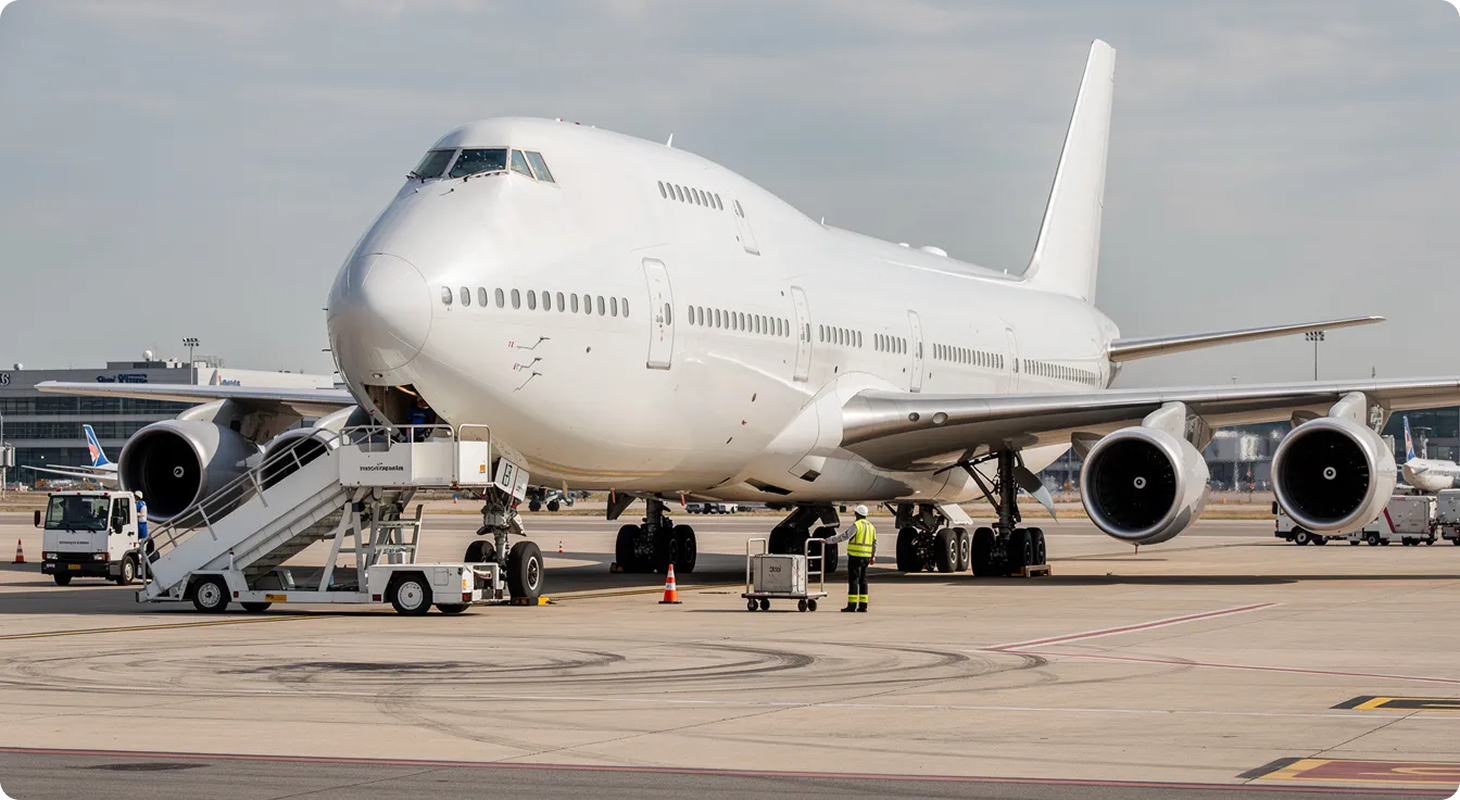 Large white airplane parked at airport tarmac with stair vehicle and a ground staff in safety vest.