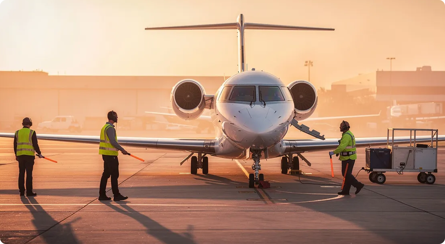 Three ground crew in safety vests with orange wands directing a small jet on the tarmac at sunset.