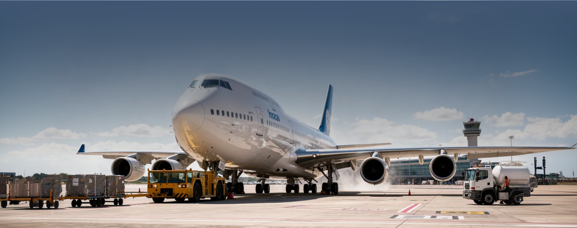 Large commercial airplane on airport tarmac with service vehicles and control tower in background.