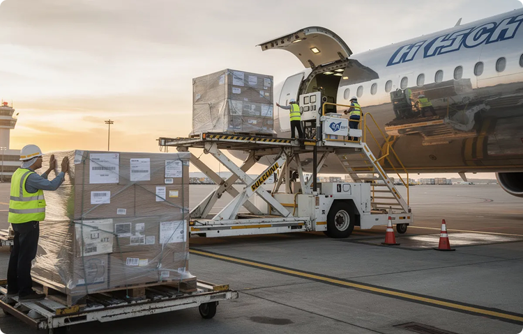 Workers loading cargo boxes onto an airplane using a hydraulic lift at sunset on the tarmac.