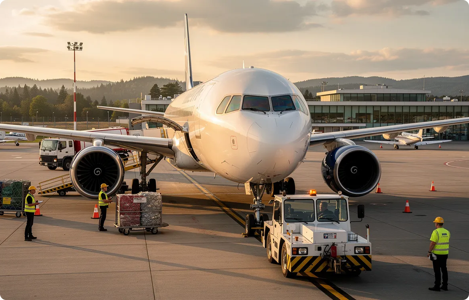 Front view of a passenger airplane being towed with workers loading cargo on a runway at sunset.