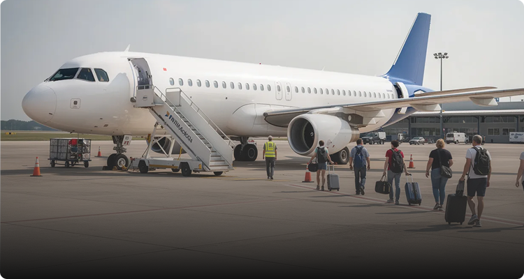 Passengers walking on tarmac with suitcases toward a white passenger airplane with stairs at the entrance.