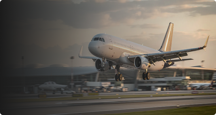 White commercial airplane landing at airport with terminal buildings in background during sunset.