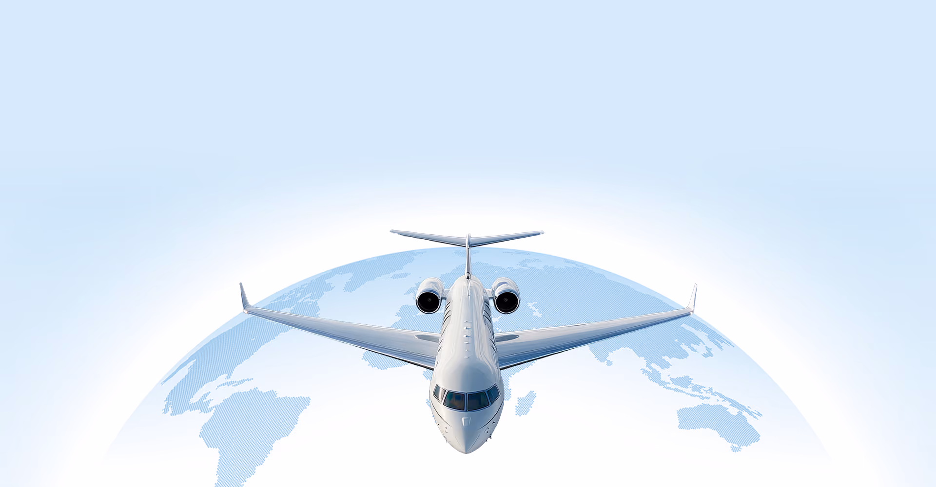 Front view of a jet airplane flying above a blue world map on a light blue background.