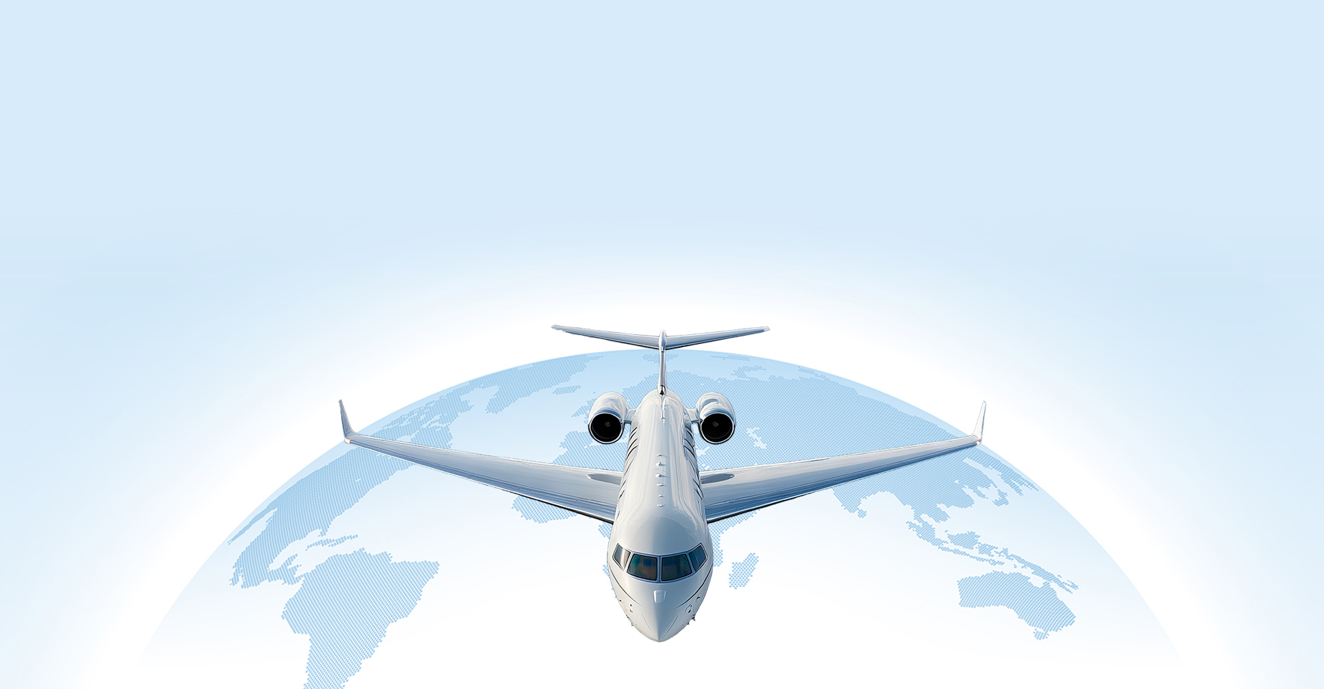 Front view of a jet airplane flying above a blue world map on a light blue background.