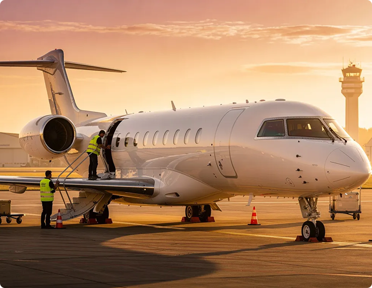 White private jet on runway at sunset with two workers in yellow vests near the open door and stairs.