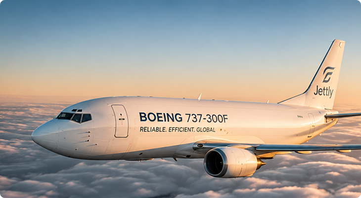Boeing 737-300F cargo airplane with Jetfly logo flying above clouds at sunset.