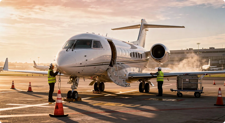 Two workers in safety vests servicing a private jet on runway at sunrise or sunset.