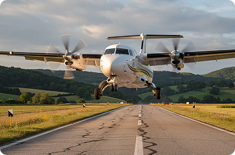 Twin-engine propeller airplane landing on a cracked runway with hills and trees in the background.
