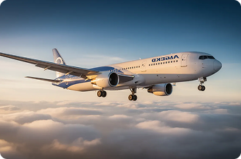A white commercial airplane flying above clouds during sunset with landing gear extended.