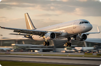 Commercial airplane landing on runway at an airport with terminal in background.