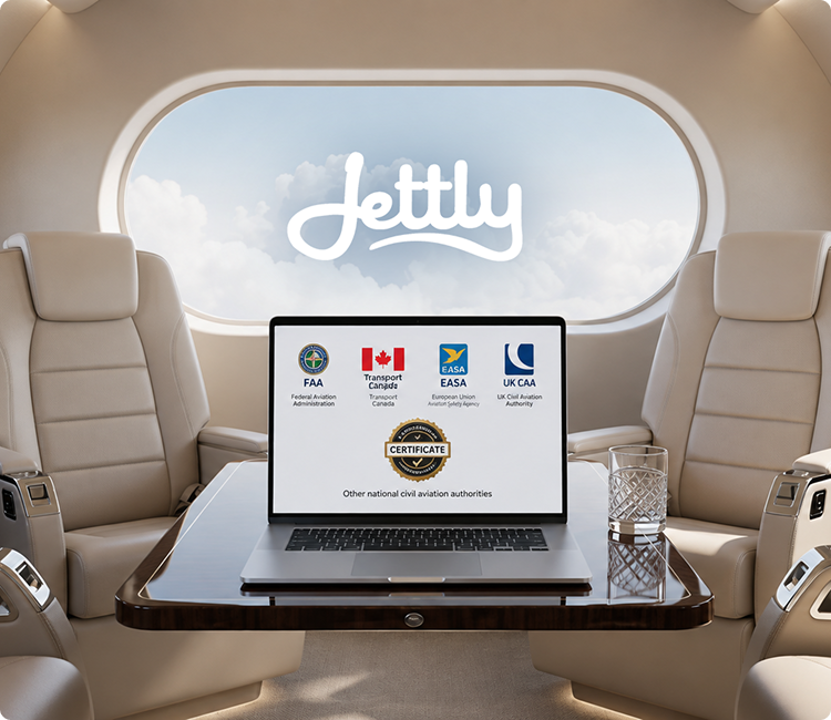 Laptop on a polished table inside a jet cabin displays Jetfly and aviation authority certification logos.