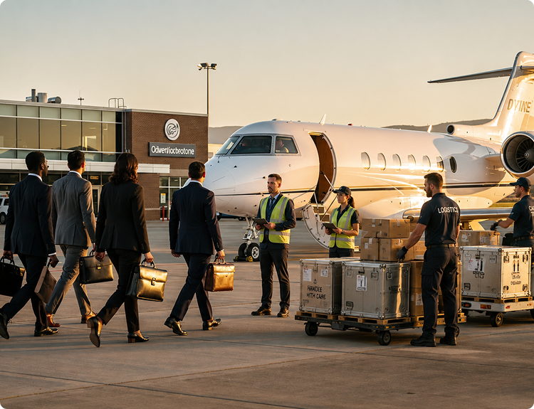Businesspeople walking toward private jet on tarmac with staff handling cargo in the evening light.