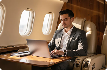 Man in suit working on laptop inside a private jet with sunlight through windows.