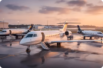 Private jets parked on wet airport tarmac at sunset with reflective puddles and cloudy sky.