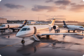 Private jets parked on wet airport tarmac at sunset with reflective puddles and cloudy sky.
