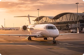 Private jet parked on airport tarmac with terminal building and other planes in the background at sunset.