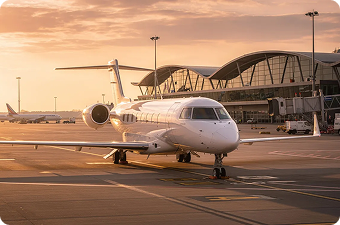 Private jet parked on airport tarmac with terminal building and other planes in the background at sunset.