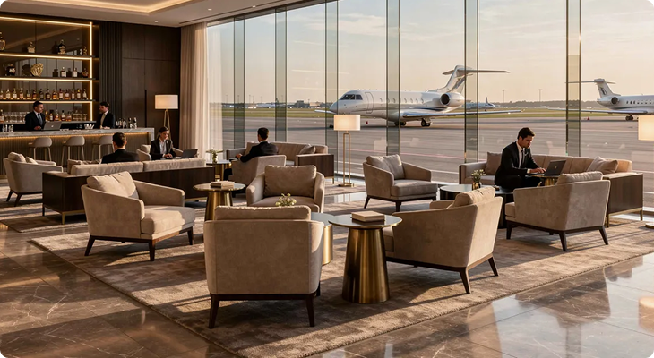 Luxurious airport lounge with leather seating, large windows, a bar, and private jets outside at sunset.