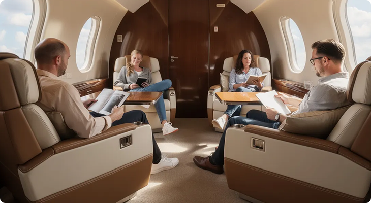 Four adults seated in a private jet cabin, each reading a book or magazine, with windows showing the sky.