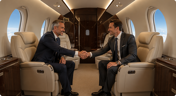 Two businessmen shaking hands inside a luxurious private jet cabin with beige leather seats.