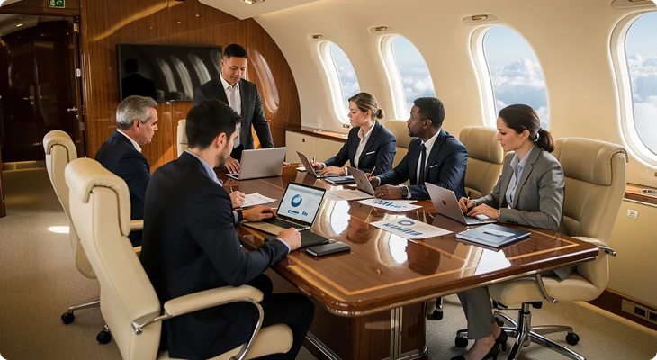 Five business professionals having a meeting inside a private jet with laptops and charts on the table.