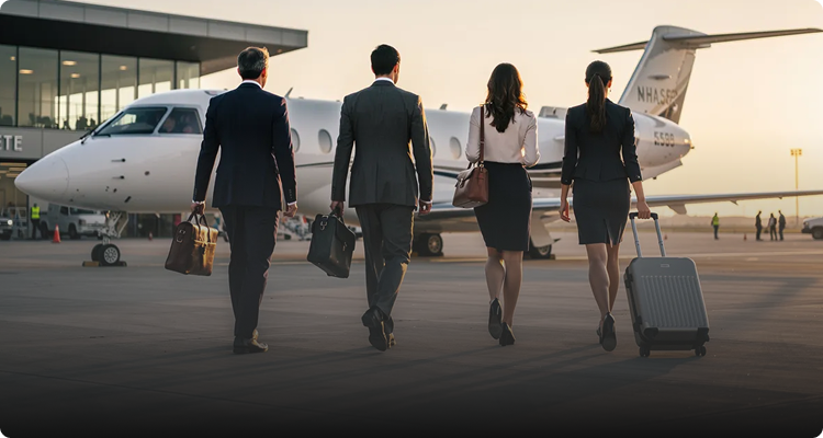Two men and two women in business attire walking toward a private jet on an airport tarmac.