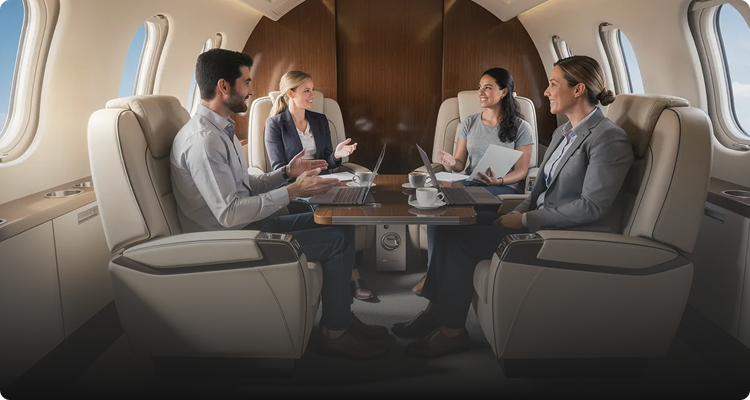 Four business people having a meeting with laptops and documents inside a private jet.