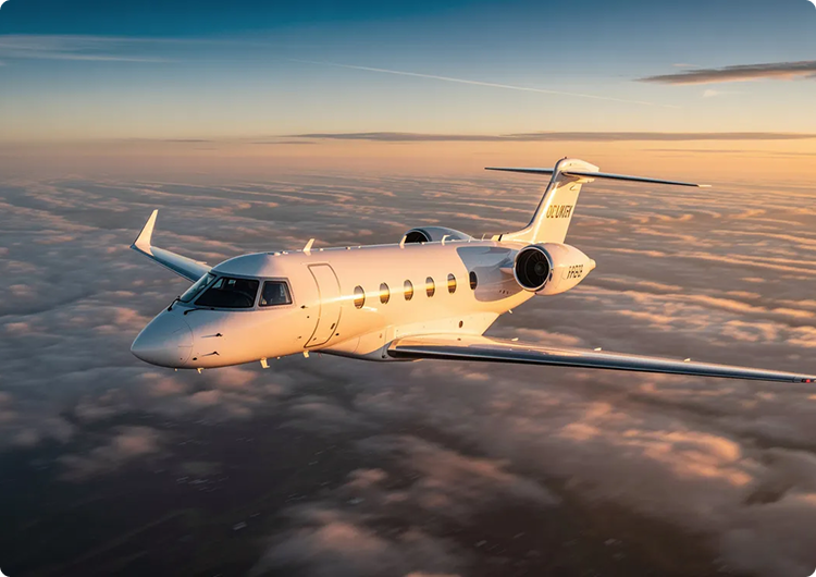 White private jet flying above clouds during sunset with clear sky in the background.