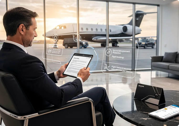 Man seated in lounge near window with private jet outside, holding a tablet with flight booking interface.